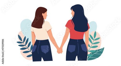 Two women holding hands and looking forward in a romantic gesture.