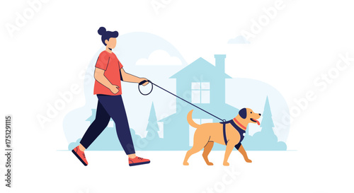 A person walks their dog on a leash down a street in a neighborhood.