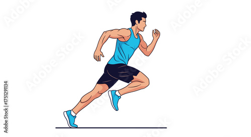 An athletic man is sprinting quickly on a white background.