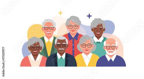 A diverse group of happy elderly people smiles together.