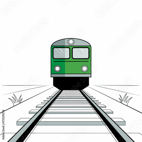 A vibrant green train positioned on railway tracks under a clear sky. The minimalist design emphasizes the train and its pathway, evoking a sense of travel and adventure.