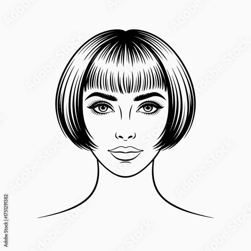This elegant illustration features a woman with a stylish bob haircut, highlighting her striking features and modern aesthetic, perfect for fashion and beauty-related themes.