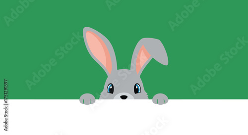A curious grey bunny peeks over a white surface against a green backdrop.