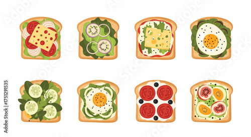 A variety of delicious open-faced sandwiches and toasts on a white background.