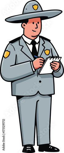 Police officer in gray uniform taking notes with pen and notepad vector illustration 