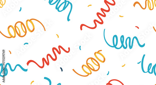 A festive background with colorful curly ribbons and confetti.
