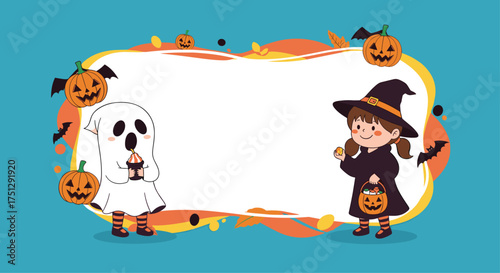 Happy halloween celebration with cute ghost and witch in costume
