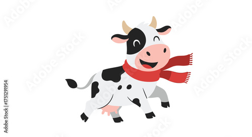 A happy cow wearing a red scarf on a white background.