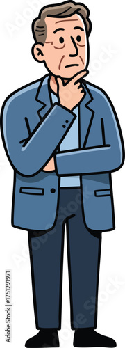 Thoughtful mature man in blue suit standing with hand on chin pondering ideas vector illustration 