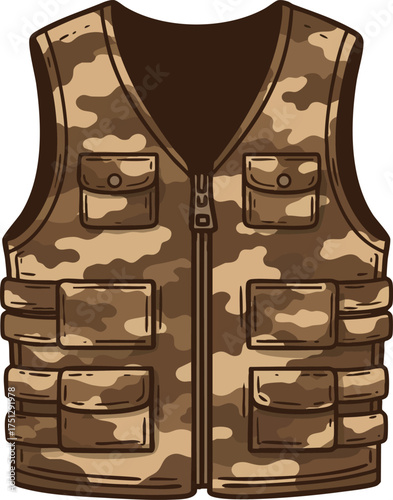 Tactical camouflage vest with multiple pockets and zipper front for outdoor and military use in brown tones 