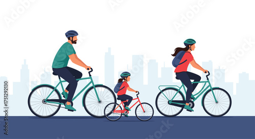 A family rides bicycles together on a city street.