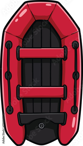 Red inflatable boat with black interior top view vector illustration design for water activities and leisure use 