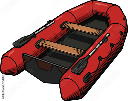 Red inflatable boat with black paddles and wooden seats isolated vector illustration 