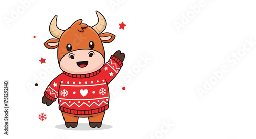 A cute cartoon bull wearing a festive sweater waves hello.