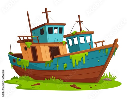 A dilapidated, cartoonish fishing vessel, featuring a teal and brown color palette, sits grounded in a grassy patch, showing moss growth