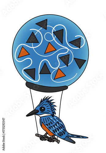A ringed kingfisher bird, Megaceryle torquata, sitting on a perch attached to an air balloon decorated with triangles and swirls pattern. Vector drawing. 