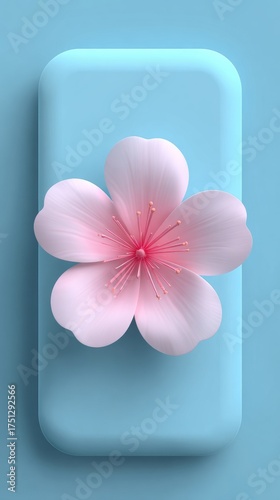 Pink flower rests on a blue phone case, minimalist aesthetic.