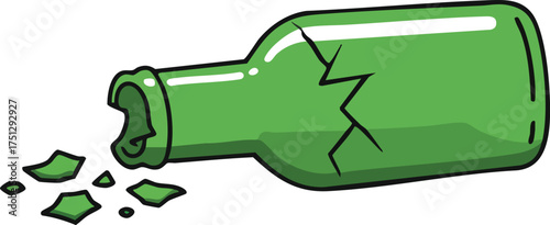 Broken green glass bottle with spilled shards vector illustration of damaged container lying on side