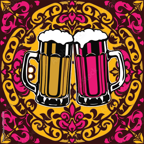 Symbolic traditional tattoo art print, classic black and white vector silhouette of beer mugs toasting against a vibrant, ornamental retro background, rendered in bold lines and rich hues.