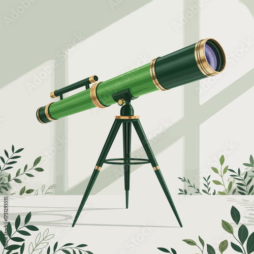 This striking green telescope is elegantly designed, balanced on a vintage stand, inviting viewers to explore the wonders of the universe while showcasing artistic craftsmanship.