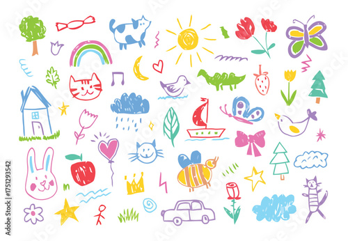 kids, children, drawing, doodle, illustration, colorful, crayon, pencil, sketch, cute, playful, simple, art, design, elements, icons, symbols, tree, house, cat, dog, bird, butterfly, flower, sun, rain
