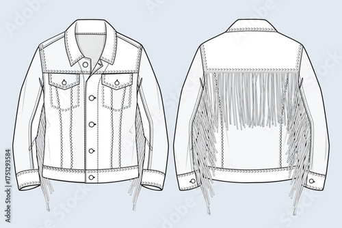 Vector Fashion Flat Sketch Studded Denim Jacket with Western Back Fringe. Vector, Fashion Flat, Studded, Denim Jacket, Western, Fringe. Technical Pack  CAD Denim Jacket with Metal Studs and Fringe