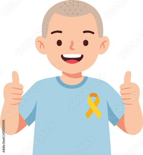Smiling bald man with yellow awareness ribbon showing thumbs up gesture in blue shirt vector illustration 