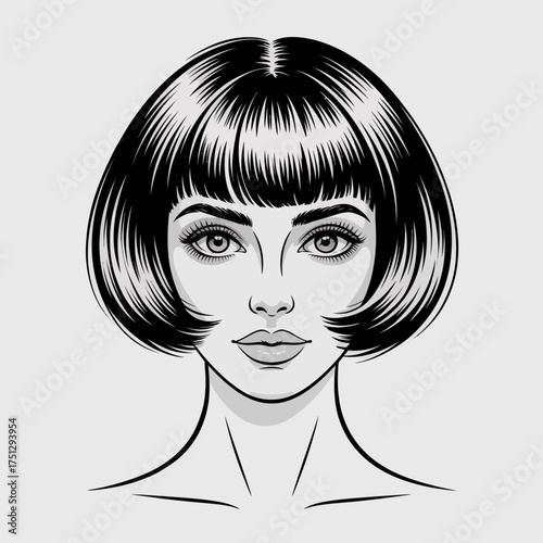 An artistic black and white portrait of a woman with a stylish bob haircut, capturing elegance and sophistication, ideal for themes of beauty and modern femininity.