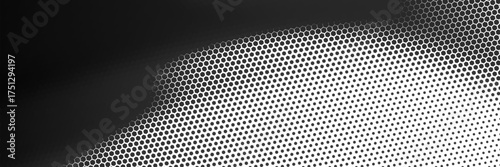 Hexagon halftone gradient texture. Abstract black and white spotted grunge background. Geometric retro tech wallpaper. Fading wavy hexagonal pattern backdrop. Vector vanishing honeycomb grunge overlay