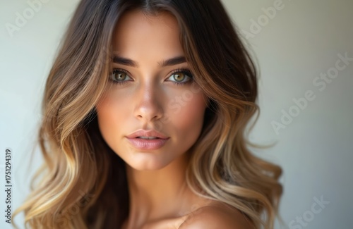 Attractive lady poses in studio. Young model has shiny groomed ombre hair with soft waves. Woman shows flawless skin. She looks sensual, calm and confident with natural makeup on face. Beauty concept.