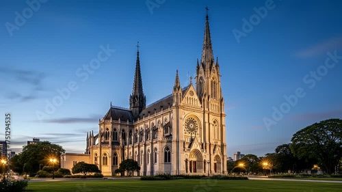 Gothic Revival Style Church Cathedral Facade Illuminated at Dusk with Spire Towers and Arched Windows Set Against a Twilight Sky with Green Lawn in Foreground