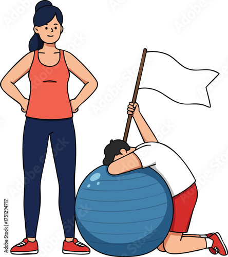 Woman Standing Next to Kneeling Man Holding White Flag on Blue Exercise Ball Vector Illustration 