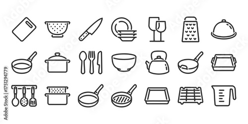 kitchen, utensil, cookware, icon, set, cooking, food, preparation, knife, cutting board, colander, grater, plates, bowls, glasses, wine glass, pot, pan, frying pan, kettle, baking dish, rack, measurin
