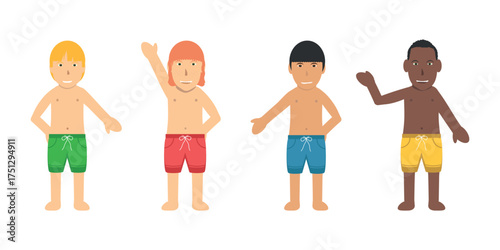 Boys Children Swimsuit Bather Character. Blonde, Black and Red Hairs, White, Brown and Black Skins, Wearing Colored Shorts.