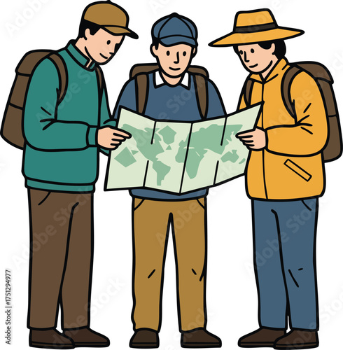 Three hikers reading map together outdoor adventure planning with backpacks and casual clothing