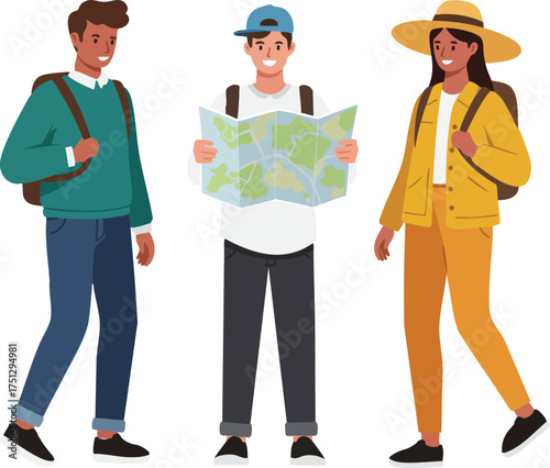 Group of young travelers exploring with map and backpacks on casual urban outing vector illustration 