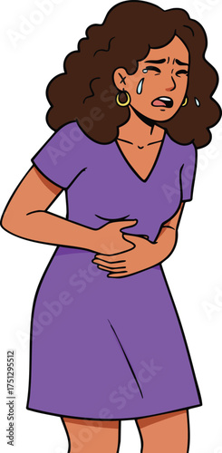 Woman in purple dress experiencing abdominal pain and discomfort with tearful expression vector illustration 