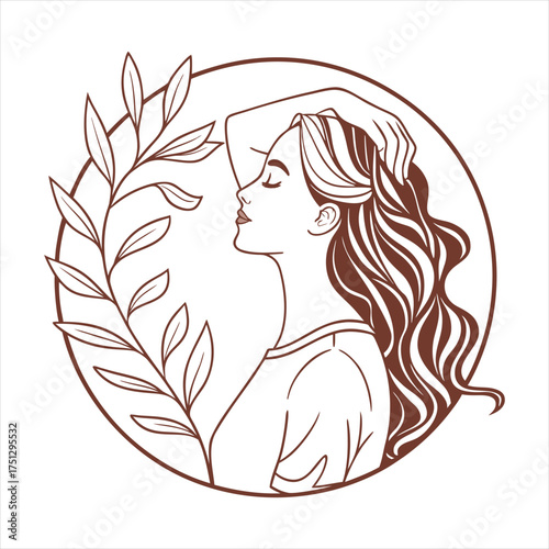 Elegant Line Art Portrait of a Woman with Flowing Hair in Minimal Floral Frame.