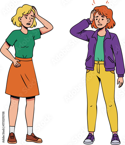 Two women expressing headache discomfort with worried faces in casual clothing vector illustration 