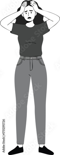 Young woman standing with hands on head expressing stress and anxiety in casual clothing vector illustration 