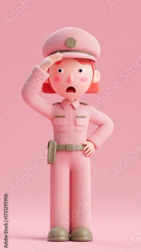 Pink Police Officer Cartoon Saluting in Surprise.