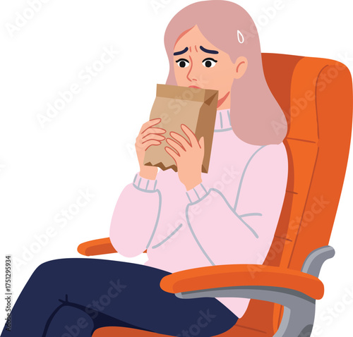 Anxious woman sitting on orange chair holding paper bag feeling nauseous or sick vector illustration 