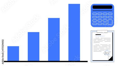 Bar graph illustrating financial growth paired with a calculator and signed report. Ideal for finance, analytics, business planning, auditing, budgeting, accounting, and performance tracking. Simple