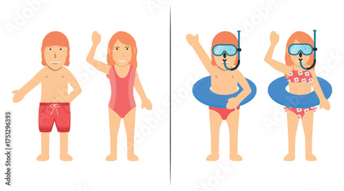 Children Bather Characters Wearing Swimsuit. Redhead White Boy and Girl Wearing Shorts, Swimsuit, Trunks, Bikini, Buoy and Diving Mask.