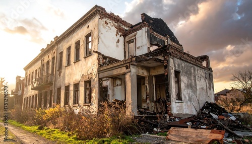 A dilapidated, two-story building with severe structural damage from a fire or explosion, bathed in sunset glow. Ruins and debris surround the structure