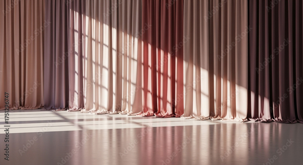 Obraz premium Soft pastel gradient curtains bathed in warm sunlight casting elegant window shadows on a clean floor, creating a serene modern interior.