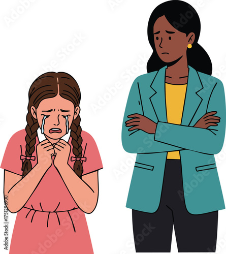 Emotional upset girl crying with concerned woman standing arms crossed vector illustration 
