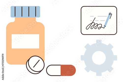 Pill bottle, tablets, capsule, prescription pad with pen, and gear wheel symbolizing medicine, pharmacy, healthcare processes, policy treatment innovation drug development. Simple flat metaphor