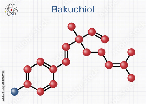 Bakuchiol molecule structure. Natural antioxidant compound used in skincare and anti-aging cosmetics. Sheet of paper in a cage. Molecular model. Vector Illustration