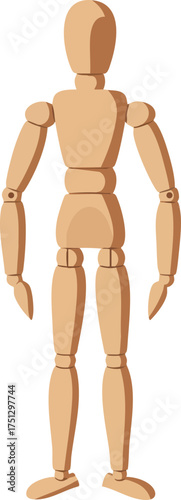 Human wooden mannequin figure for drawing and art posing practice in natural brown color vector illustration 